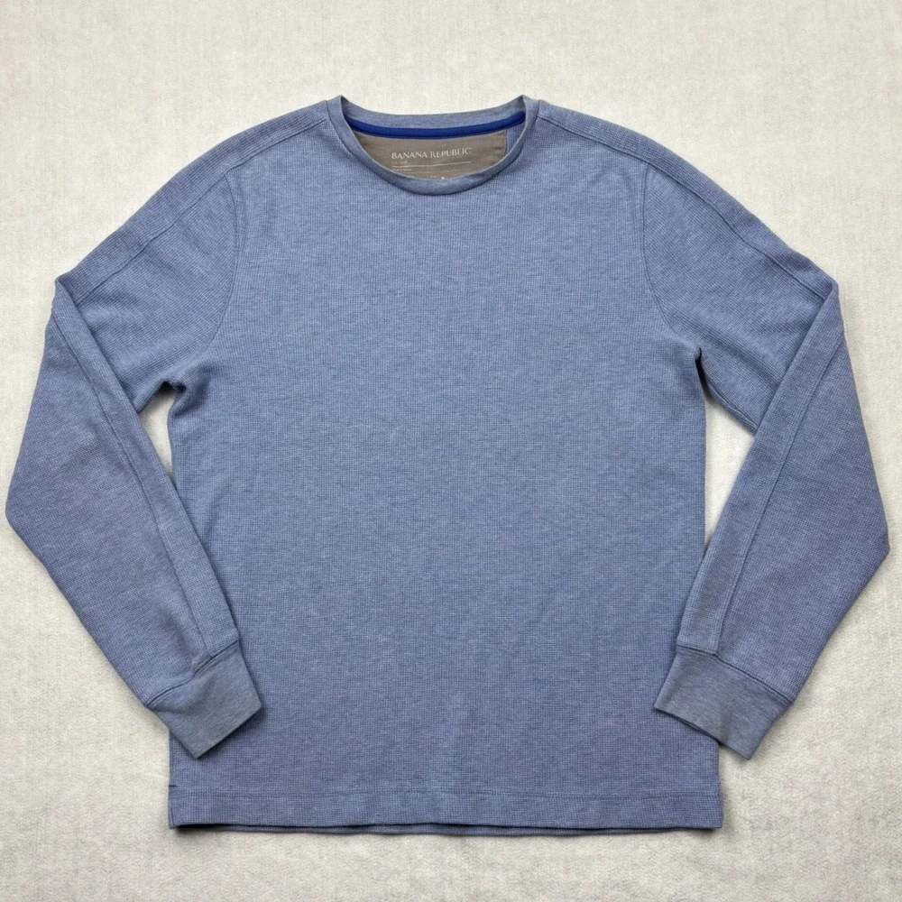 Banana Republic Shirt Mens Large Blue Heather Waffle Knit Crew Long Sleeve L